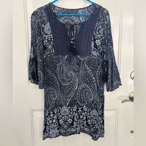 Chelsea & Theodore Navy Blue Paisley Women's Tunic Top Size Small